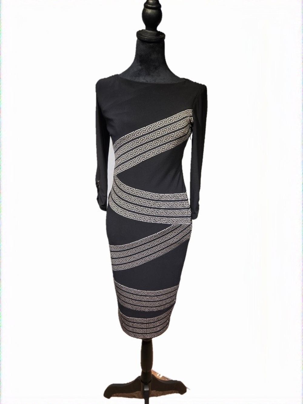 Joseph Ribkoff Elegant Black Long-Sleeve Bodycon Dress Geometric Stripe Detail - Picture 5 of 7